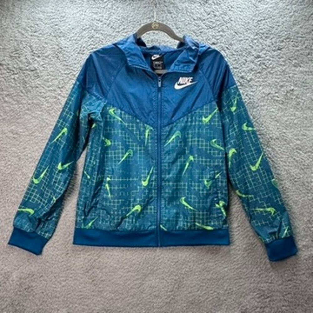 Nike Boy's XL Windrunner Hoodie Jacket Full‎ Zip Blue with Green Swoosh Running